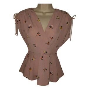 Monteau‎ Peplum Blouse Top Criss Cross Front Drawstring Short Sleeve Floral Sz S